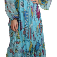 Blue Cartoon Print Pleated Maxi Dress