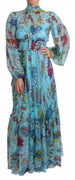 Blue Cartoon Print Pleated Maxi Dress