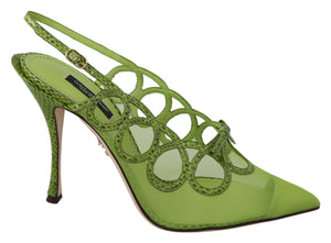 Green Slim High Heels Slingbacks Leather Shoes