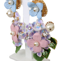 Purple Crystal Floral Pearl Hortensia Bouquet Clip-on Earrings