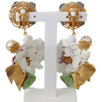 Purple Crystal Floral Pearl Hortensia Bouquet Clip-on Earrings