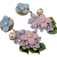 Purple Crystal Floral Pearl Hortensia Bouquet Clip-on Earrings