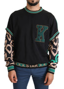 Black Green Large Logo Print Pullover Knit Sweater