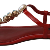 Red Leather Crystal Sandals Flip Flops Shoes