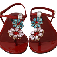 Red Leather Crystal Sandals Flip Flops Shoes