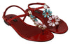 Red Leather Crystal Sandals Flip Flops Shoes