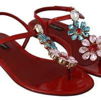 Red Leather Crystal Sandals Flip Flops Shoes