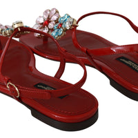 Red Leather Crystal Sandals Flip Flops Shoes