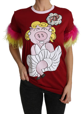 Red Pig Print Feather Sleeves T-shirt Top