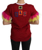 Red Pig Print Feather Sleeves T-shirt Top
