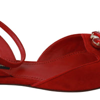 Red Suede Leather Crystal Flat Sandals Shoes