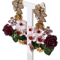 Gold Crystal Floral Filigree Roses Red Bouquet Clip-on Earrings