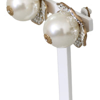 Gold Brass Clear Crystal Pearl Drop Clip-on Earrings