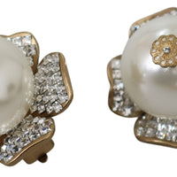 Gold Brass Clear Crystal Pearl Drop Clip-on Earrings