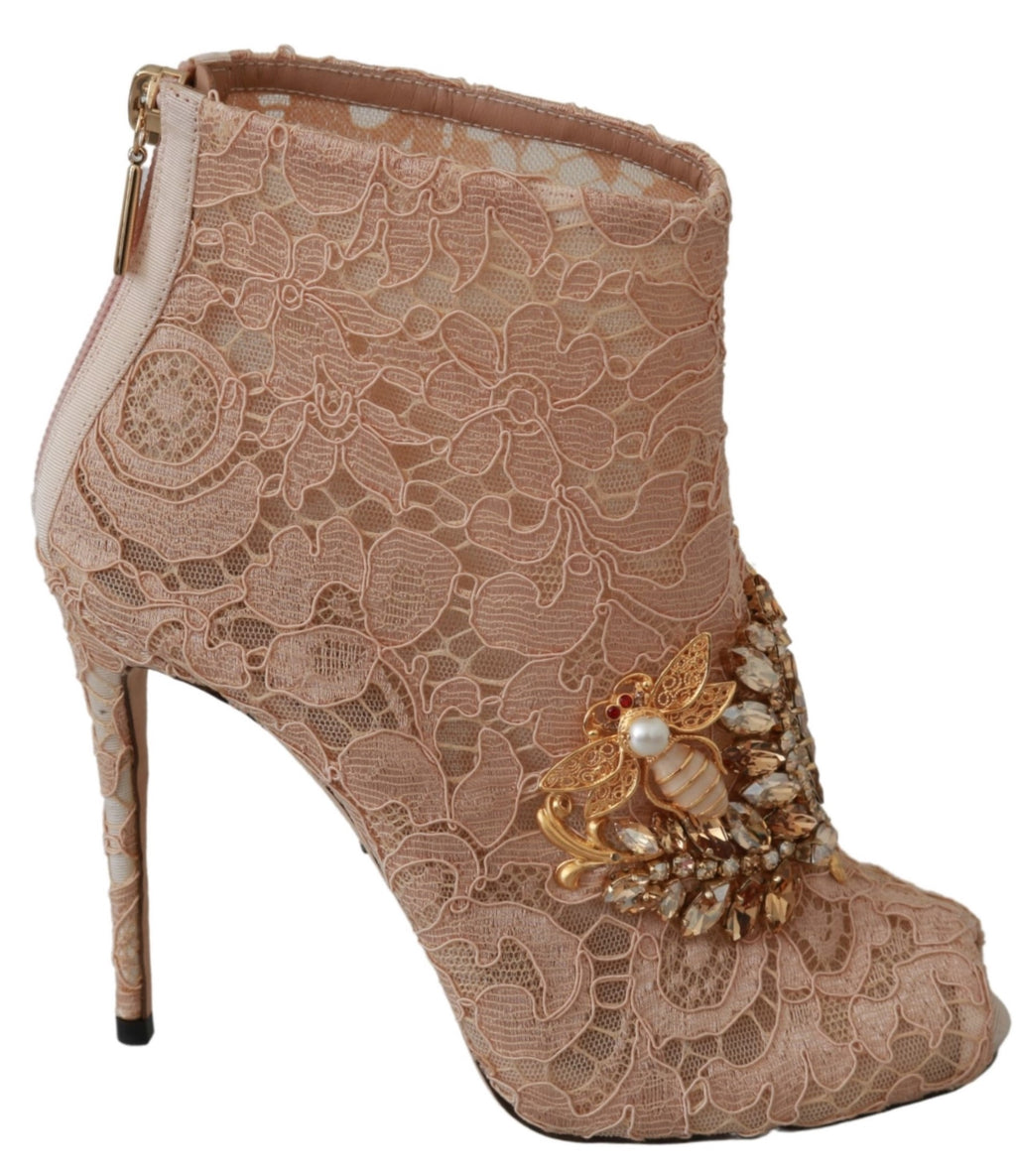 Pink Crystal Lace Booties Stilettos Shoes