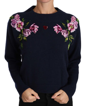 Blue Floral Embroidered Pullover Sweater