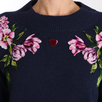 Blue Floral Embroidered Pullover Sweater