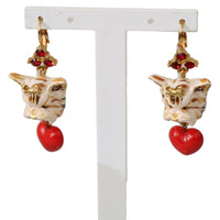 Heart Dog Red Crystal Gold Brass Leverback Earrings
