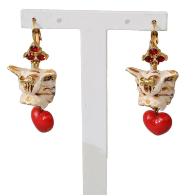 Heart Dog Red Crystal Gold Brass Leverback Earrings