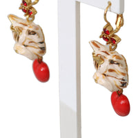 Heart Dog Red Crystal Gold Brass Leverback Earrings