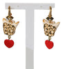 Heart Dog Red Crystal Gold Brass Leverback Earrings