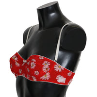 Red Silk Daisy Flower Print Bra Underwear