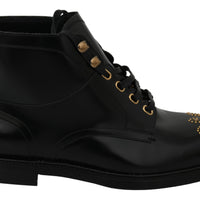 Black Leather Lace Up Boots Studded Shoes