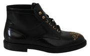 Black Leather Lace Up Boots Studded Shoes