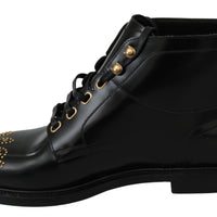 Black Leather Lace Up Boots Studded Shoes