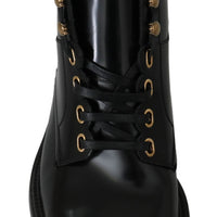 Black Leather Lace Up Boots Studded Shoes