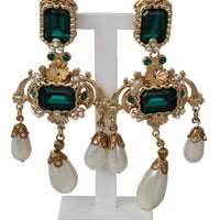 Gold Brass Green Filigree Crystal Charms Dangle Clip-on  Earrings