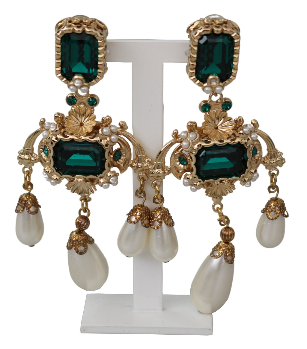 Gold Brass Green Filigree Crystal Charms Dangle Clip-on  Earrings