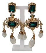 Gold Brass Green Filigree Crystal Charms Dangle Clip-on  Earrings