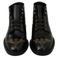 Black Leather Lace Up Boots Studded Shoes