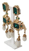 Gold Brass Green Filigree Crystal Charms Dangle Clip-on  Earrings