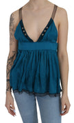 Blue Plunging Tank Blouse Cotton Top Underwear