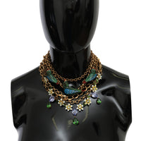 Gold Parrot Crystal Floral Charm Statement Necklace