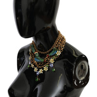 Gold Parrot Crystal Floral Charm Statement Necklace