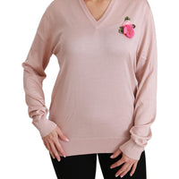 Pink Floral Embellished Pullover Silk Sweater