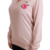 Pink Floral Embellished Pullover Silk Sweater