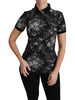 Black Cotton Floral Print Polo T-shirt Top