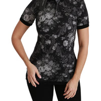 Black Cotton Floral Print Polo T-shirt Top