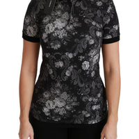 Black Cotton Floral Print Polo T-shirt Top