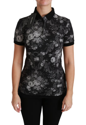 Black Cotton Floral Print Polo T-shirt Top