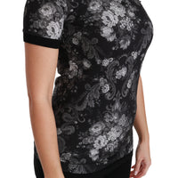 Black Cotton Floral Print Polo T-shirt Top