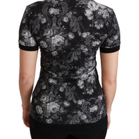 Black Cotton Floral Print Polo T-shirt Top