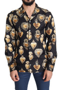 Sacred Heart Print Silk Casual Black Shirt