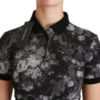 Black Cotton Floral Print Polo T-shirt Top