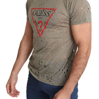 Brown Cotton Stretch Logo Print Men Casual Perforated T-shirt