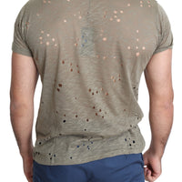 Brown Cotton Stretch Logo Print Men Casual Perforated T-shirt